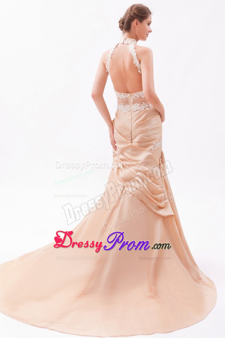 Champagne Mermaid High-neck Embroidery with Beads Prom Dress