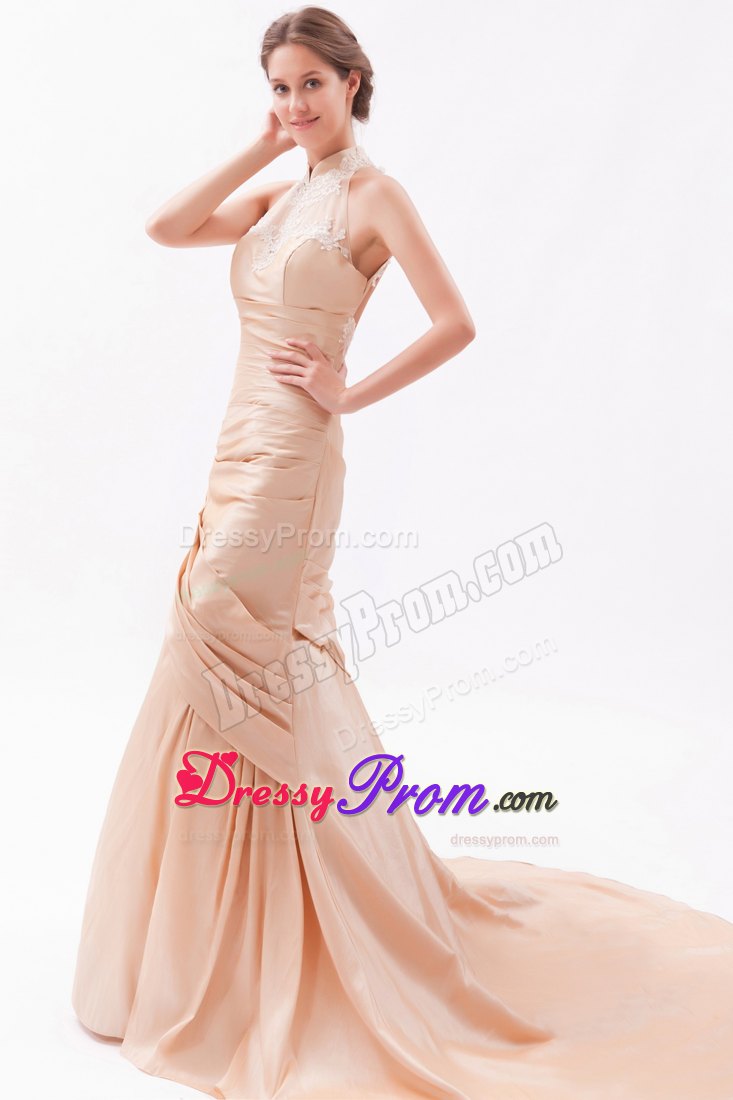 Champagne Mermaid High-neck Embroidery with Beads Prom Dress