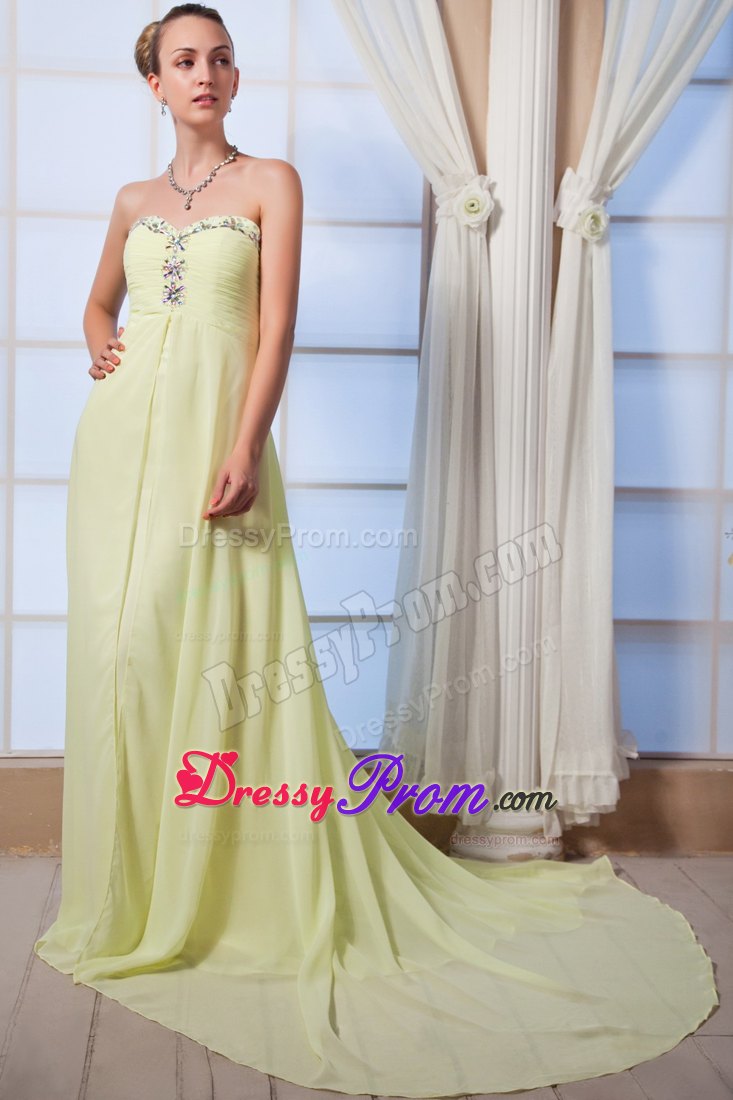 Yellow Green Sweetheart Beading Brush Prom Dress in Chiffon