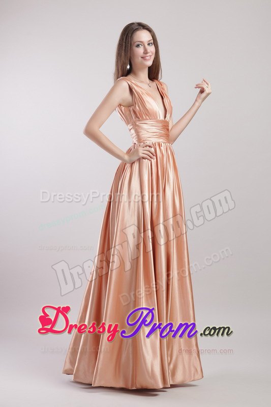 Pleated Empire V-neck Floor-length Prom Dress with Ruching Sash