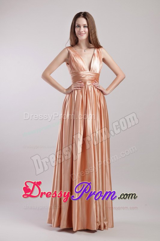Pleated Empire V-neck Floor-length Prom Dress with Ruching Sash
