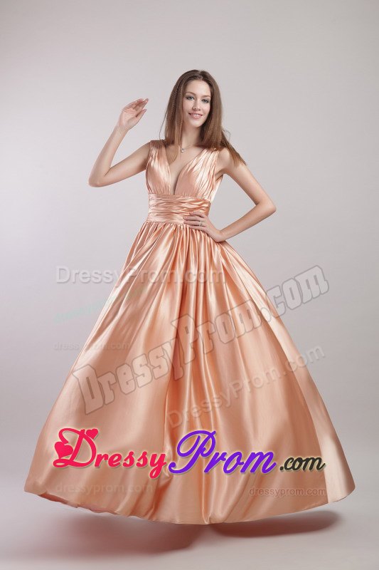 Pleated Empire V-neck Floor-length Prom Dress with Ruching Sash