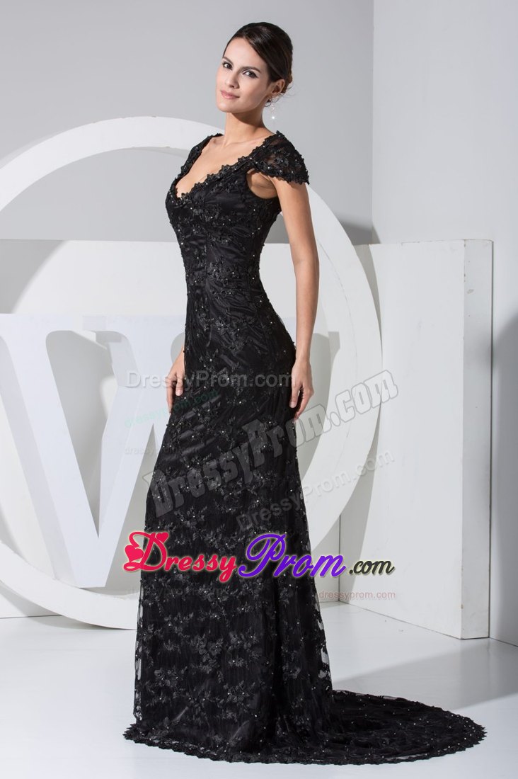 Black Lace Cap Sleeves Scoop Prom Dresses with Sweep Train