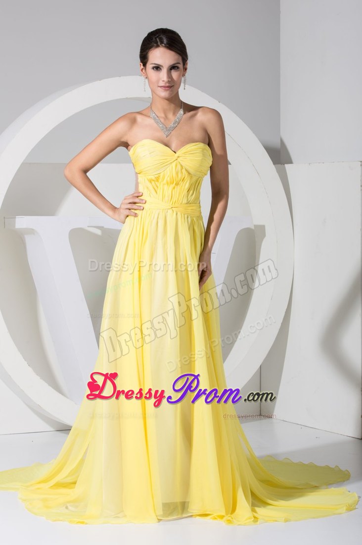 Yellow Sweetheart Brush Train Cool Back Prom Dresses