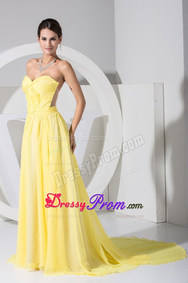 Yellow Sweetheart Brush Train Cool Back Prom Dresses
