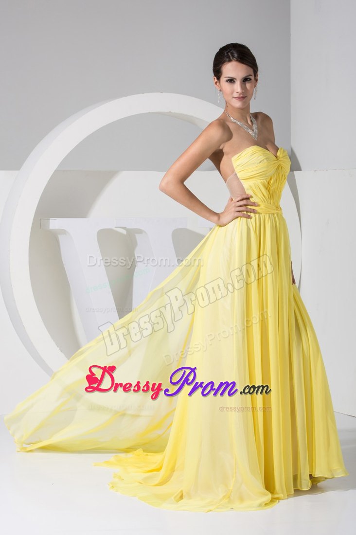 Yellow Sweetheart Brush Train Cool Back Prom Dresses