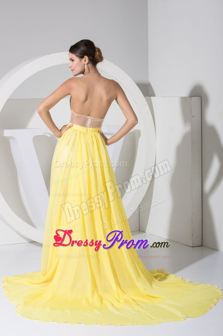 Yellow Sweetheart Brush Train Cool Back Prom Dresses