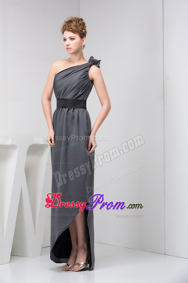 Asymmetrical Ruched Grey Prom Graduation Dress Floor-length