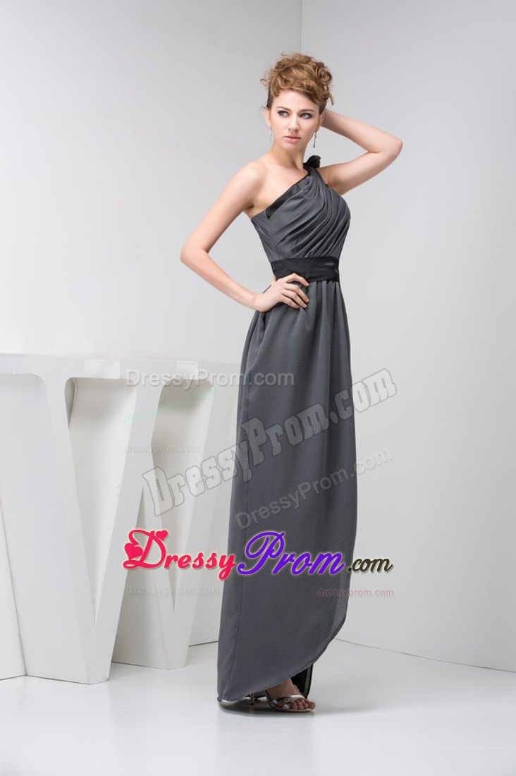 Asymmetrical Ruched Grey Prom Graduation Dress Floor-length