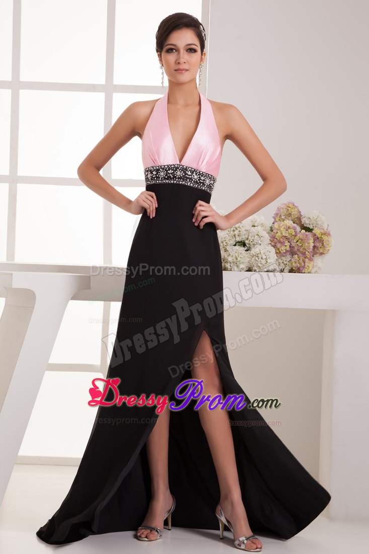 Halter Top Back Out for Pink and Black Prom Dress with Brush
