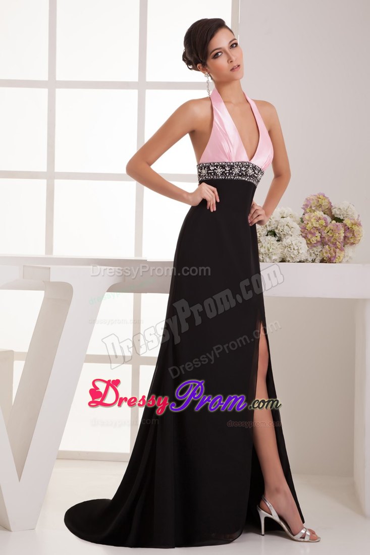 Halter Top Back Out for Pink and Black Prom Dress with Brush