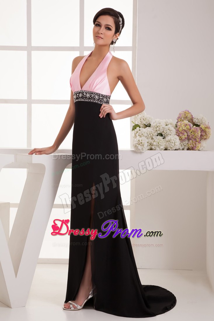 Halter Top Back Out for Pink and Black Prom Dress with Brush
