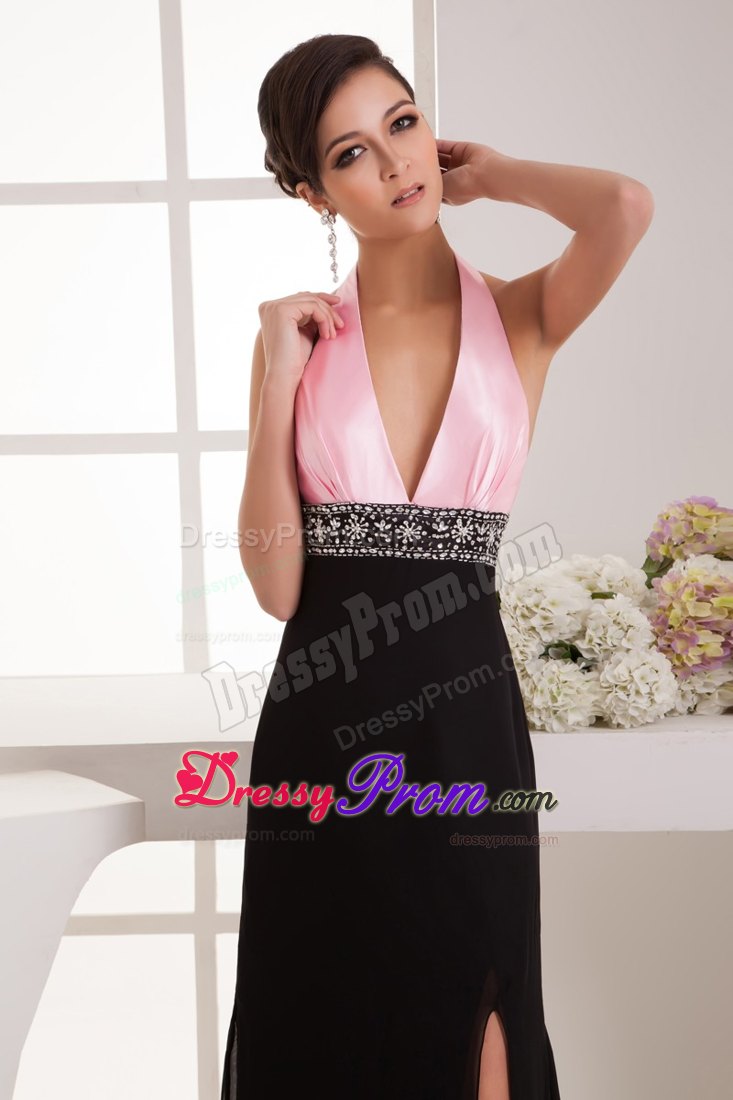 Halter Top Back Out for Pink and Black Prom Dress with Brush