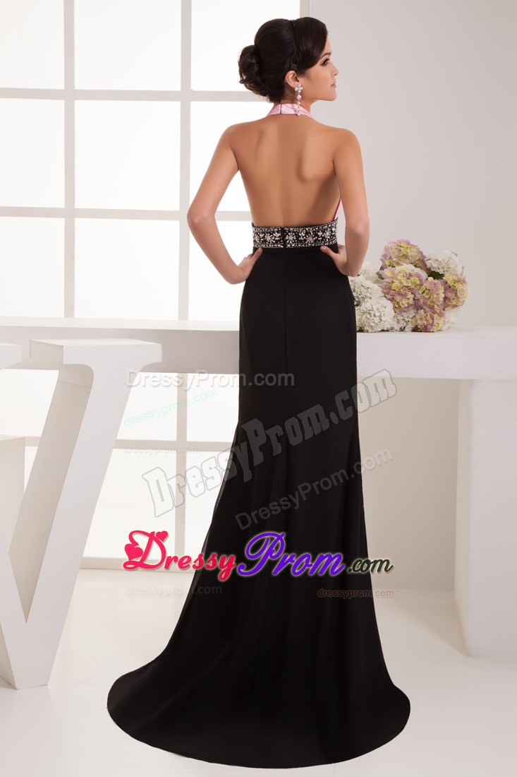 Halter Top Back Out for Pink and Black Prom Dress with Brush