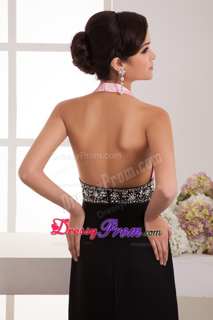 Halter Top Back Out for Pink and Black Prom Dress with Brush
