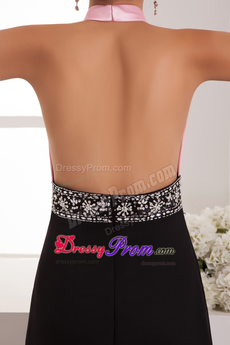 Halter Top Back Out for Pink and Black Prom Dress with Brush