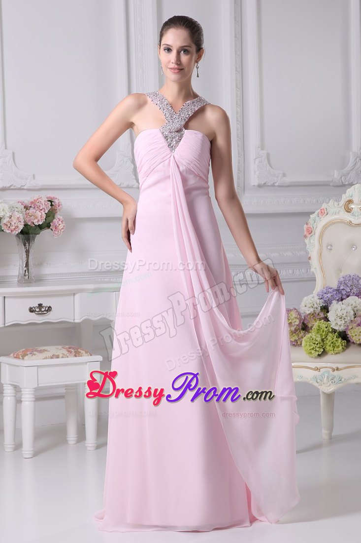 Halter Beading Empire Ruching Baby Pink Senior Prom Dress