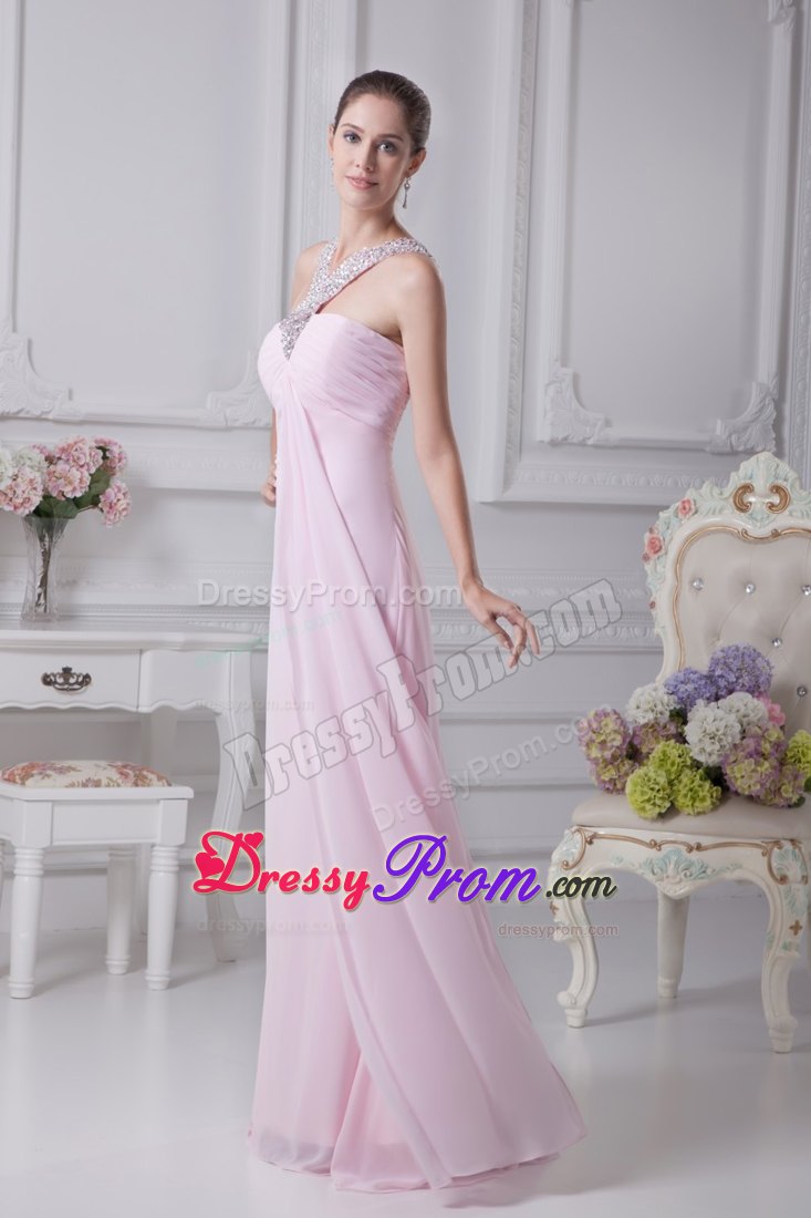 Halter Beading Empire Ruching Baby Pink Senior Prom Dress