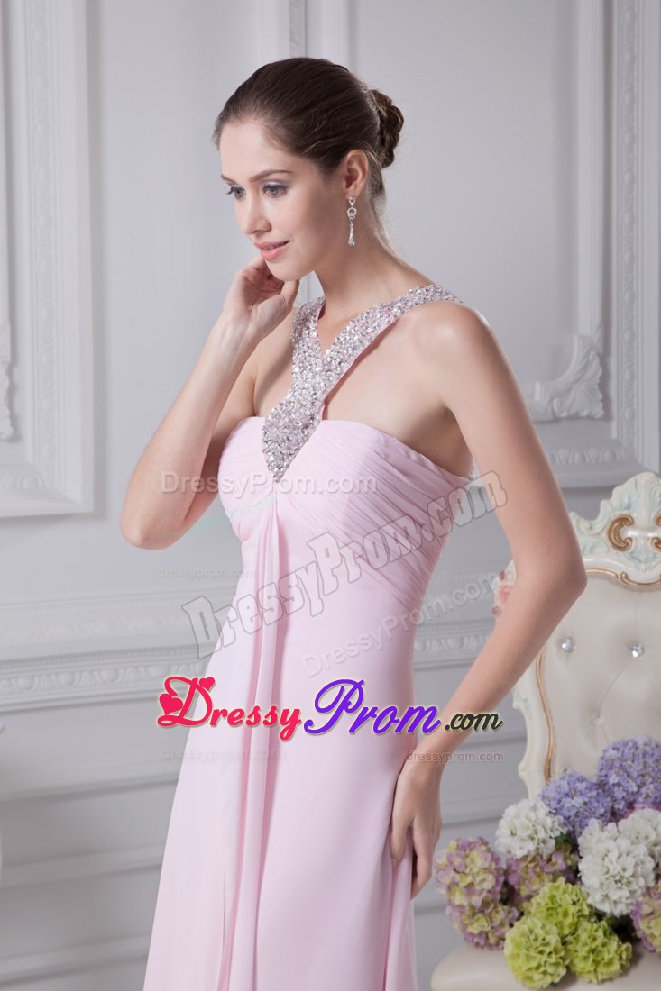 Halter Beading Empire Ruching Baby Pink Senior Prom Dress