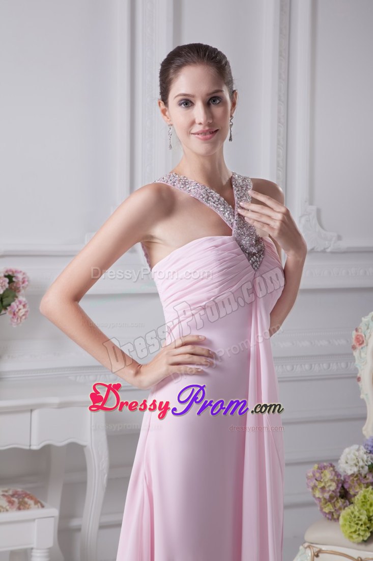 Halter Beading Empire Ruching Baby Pink Senior Prom Dress