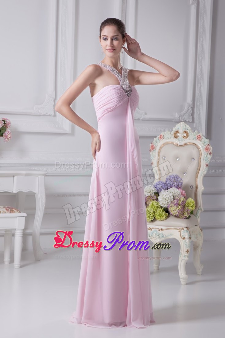Halter Beading Empire Ruching Baby Pink Senior Prom Dress