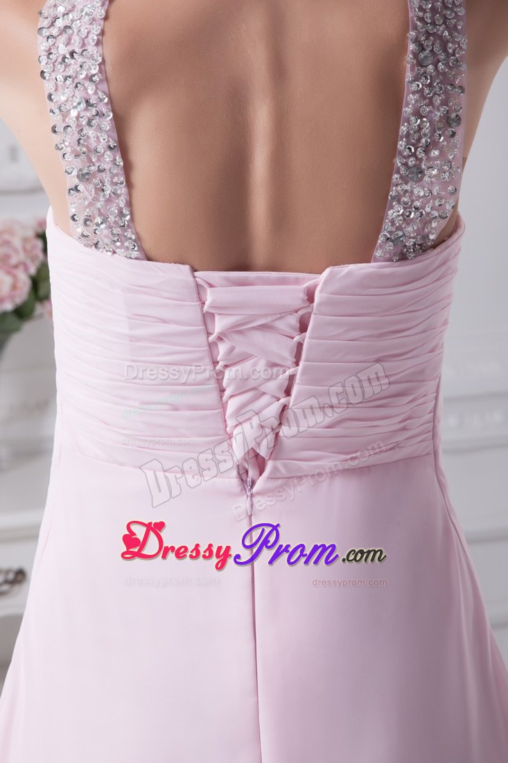 Halter Beading Empire Ruching Baby Pink Senior Prom Dress