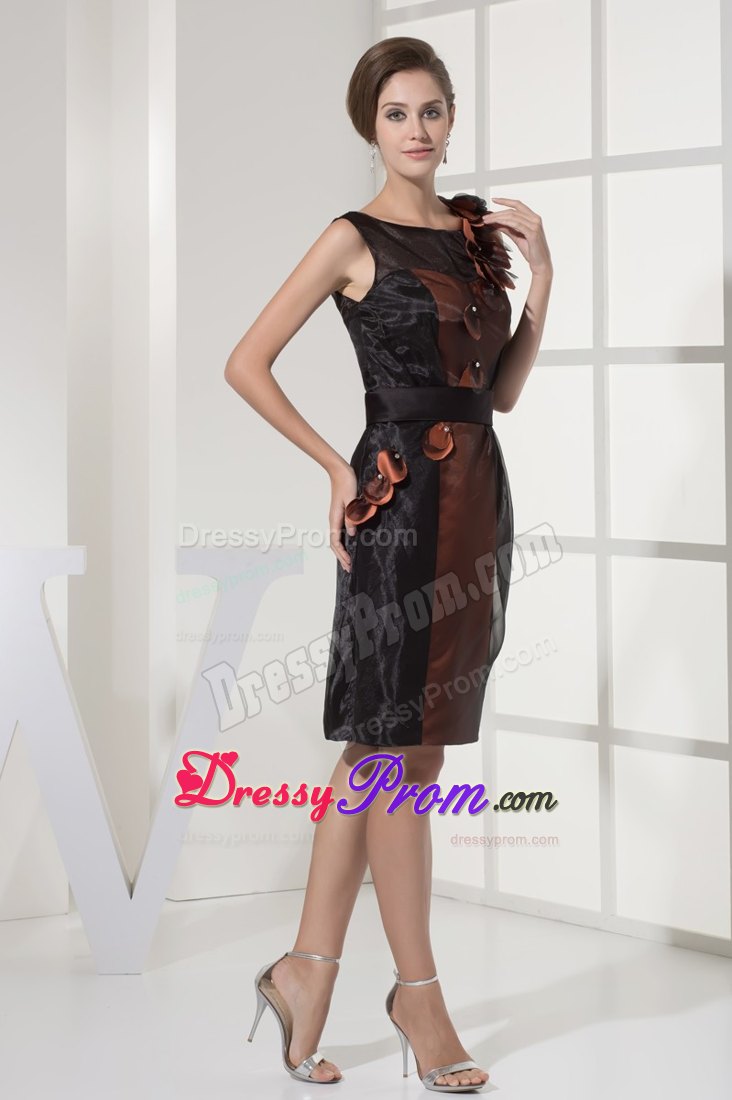 Brown Scoop Prom Dresses with Black Sash for Knee-length