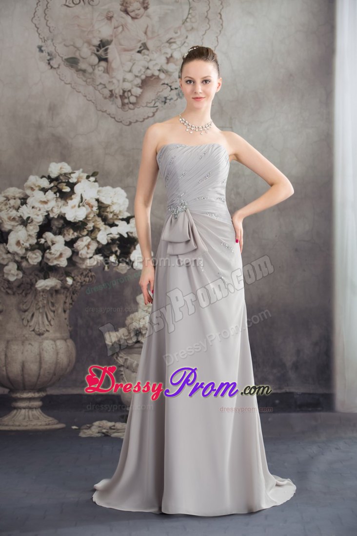Half Bowknot Beading Ruched Grey Prom Graduation Dresses