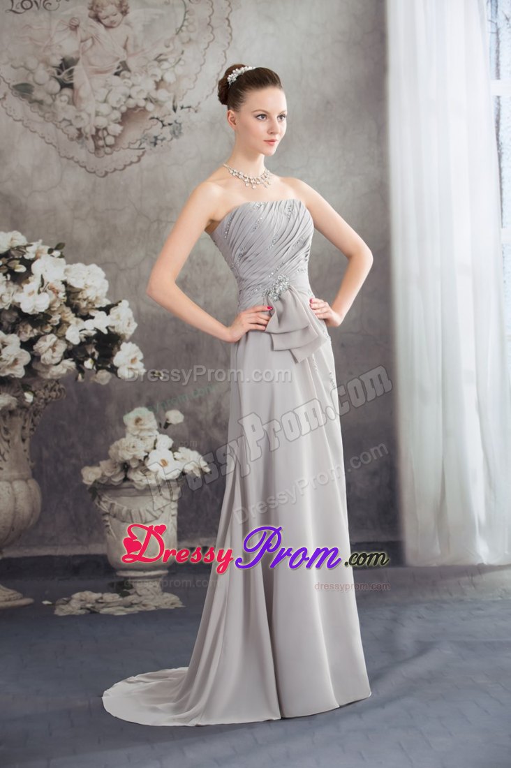 Half Bowknot Beading Ruched Grey Prom Graduation Dresses