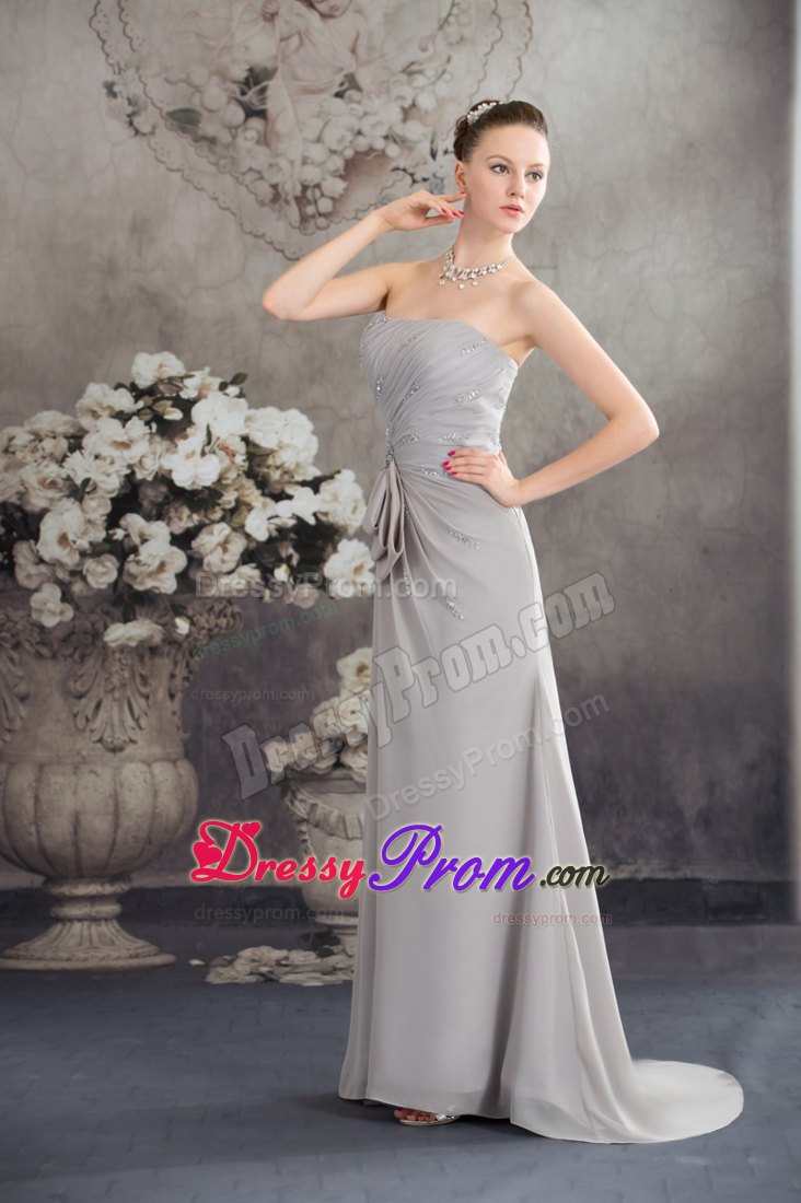 Half Bowknot Beading Ruched Grey Prom Graduation Dresses