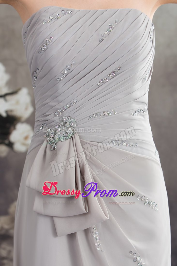 Half Bowknot Beading Ruched Grey Prom Graduation Dresses