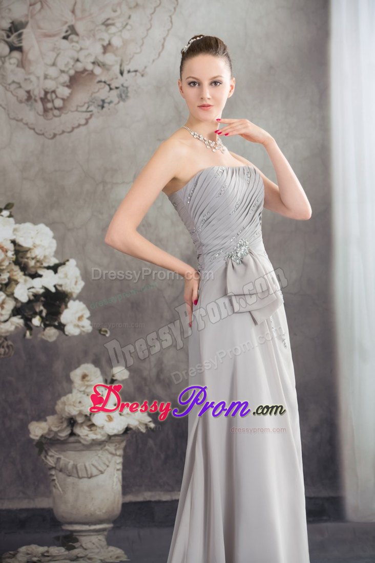 Half Bowknot Beading Ruched Grey Prom Graduation Dresses