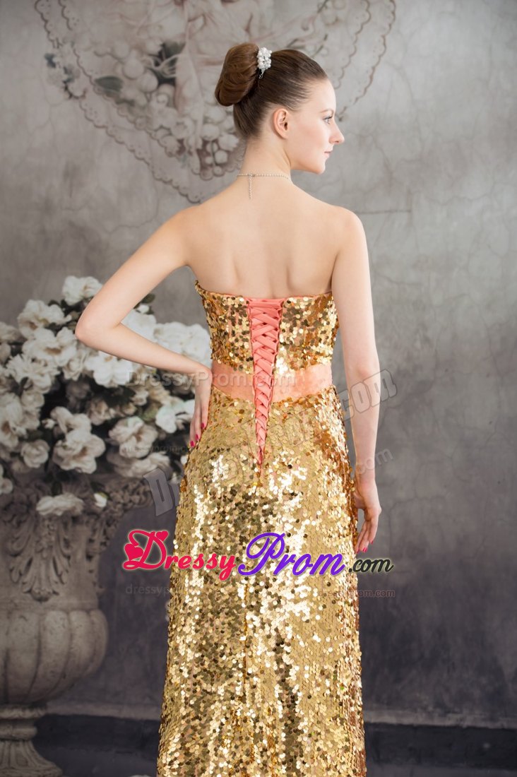 Gold Paillette and Flowers Accent Prom Celebrity Dress in Peach