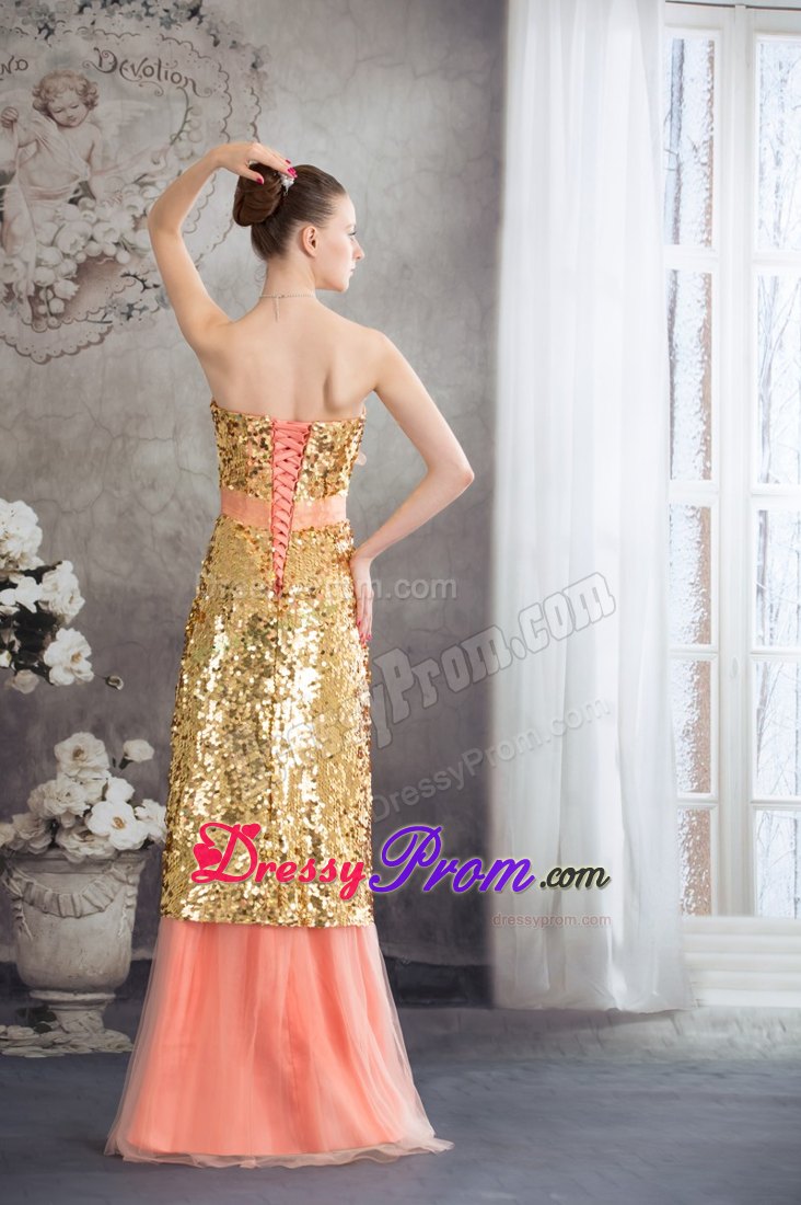 Gold Paillette and Flowers Accent Prom Celebrity Dress in Peach