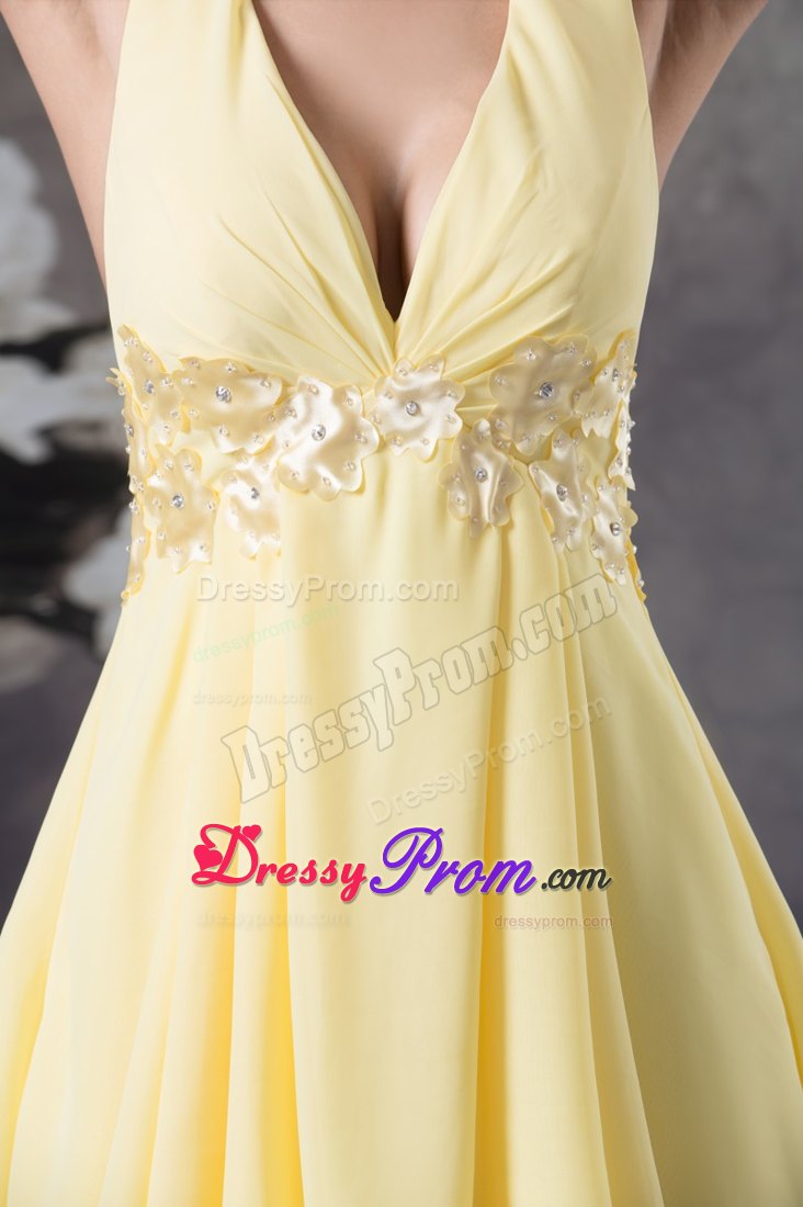 Beaded Appliques Light Yellow Prom Cocktail Dress Knee-length
