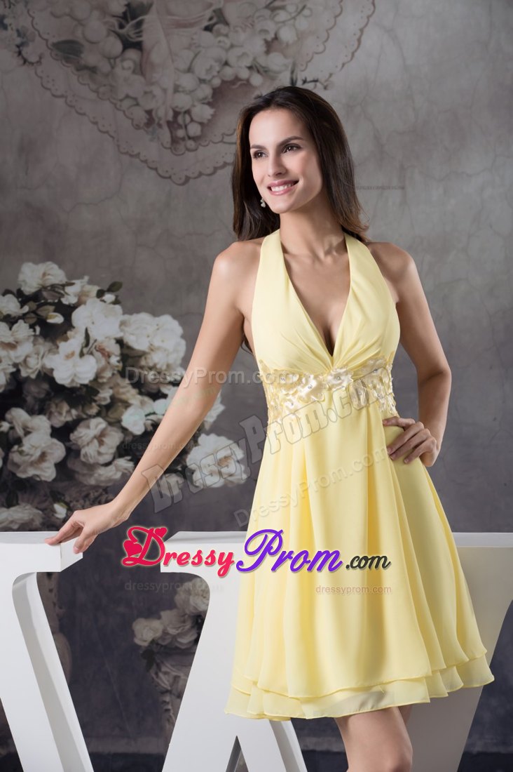 Beaded Appliques Light Yellow Prom Cocktail Dress Knee-length