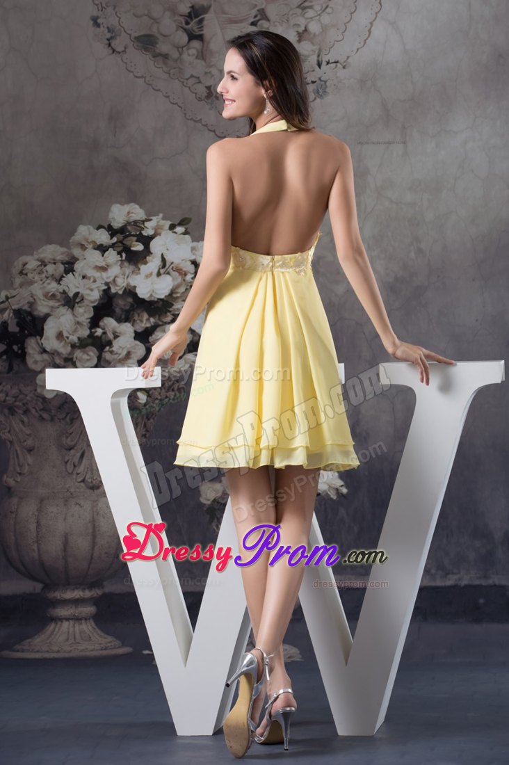 Beaded Appliques Light Yellow Prom Cocktail Dress Knee-length