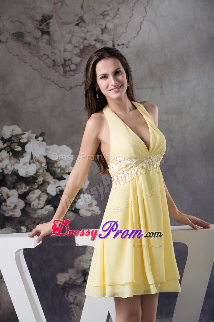 Beaded Appliques Light Yellow Prom Cocktail Dress Knee-length