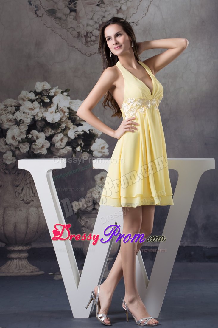 Beaded Appliques Light Yellow Prom Cocktail Dress Knee-length
