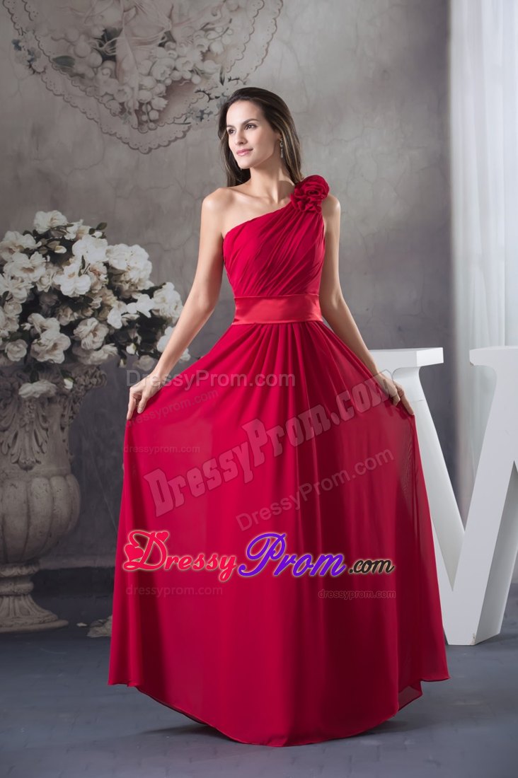 Flowery One Shoulder and Ruches for Prom Dress in Wine Red