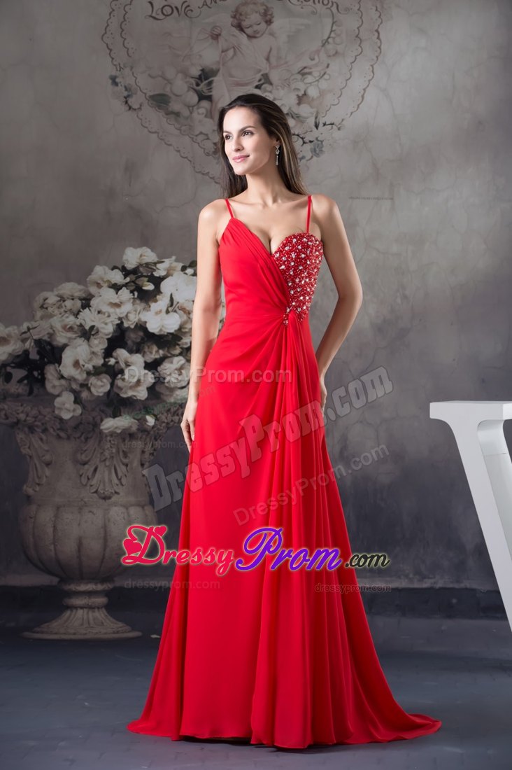 Column Sweep Red Straps Prom Dress with Beading Accent