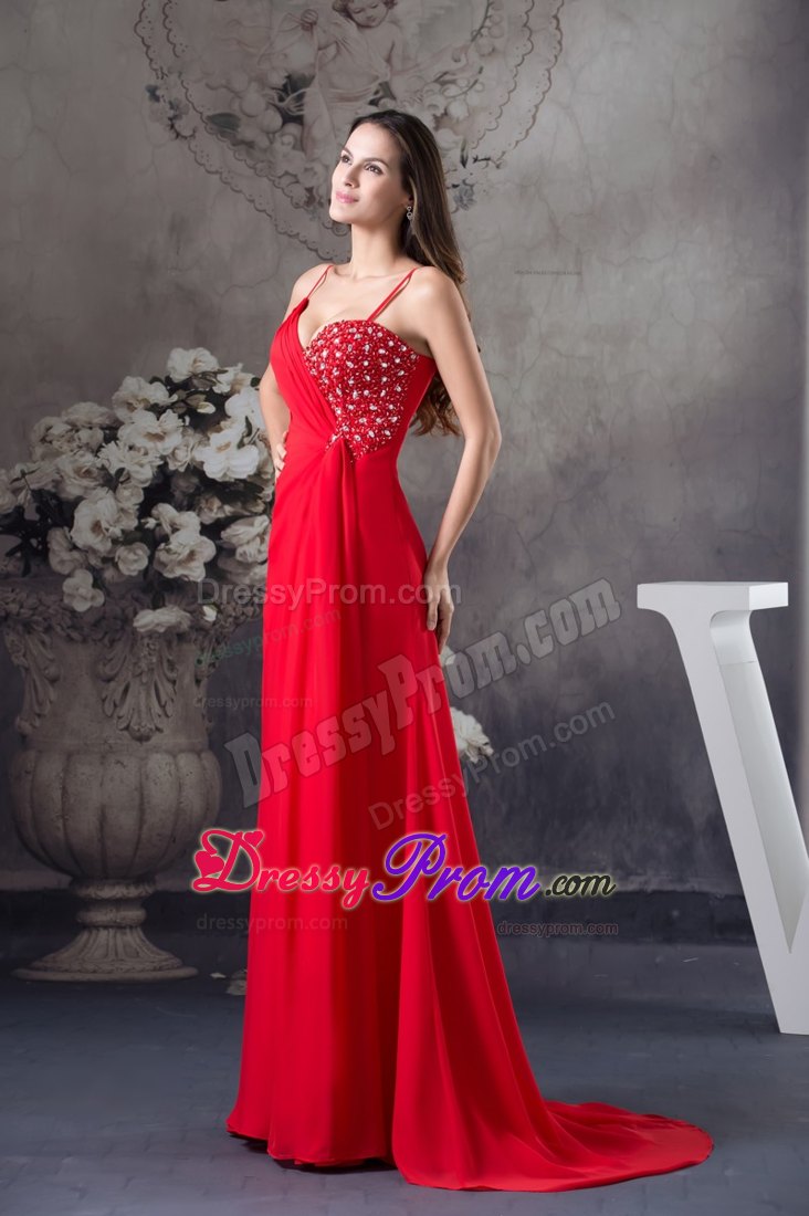 Column Sweep Red Straps Prom Dress with Beading Accent