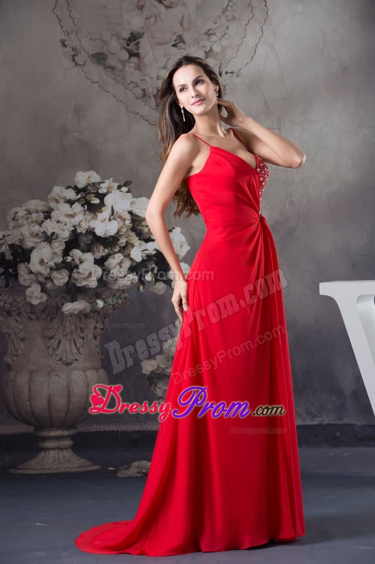 Column Sweep Red Straps Prom Dress with Beading Accent