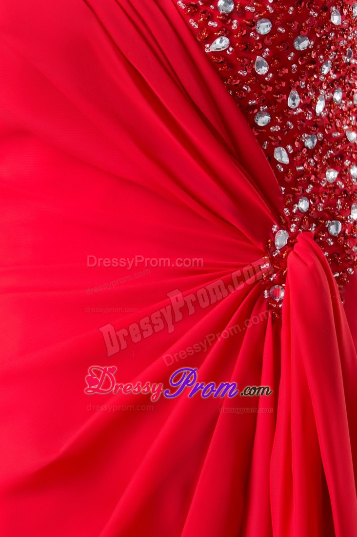 Column Sweep Red Straps Prom Dress with Beading Accent