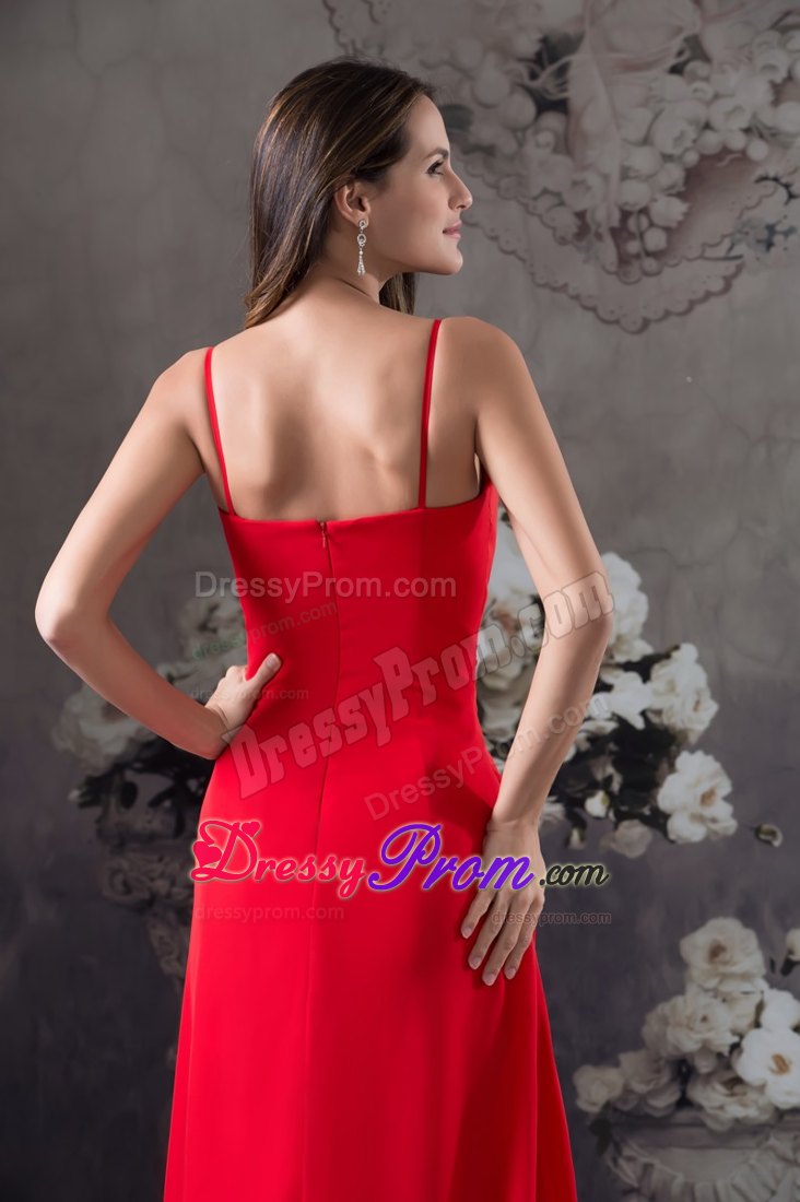 Column Sweep Red Straps Prom Dress with Beading Accent
