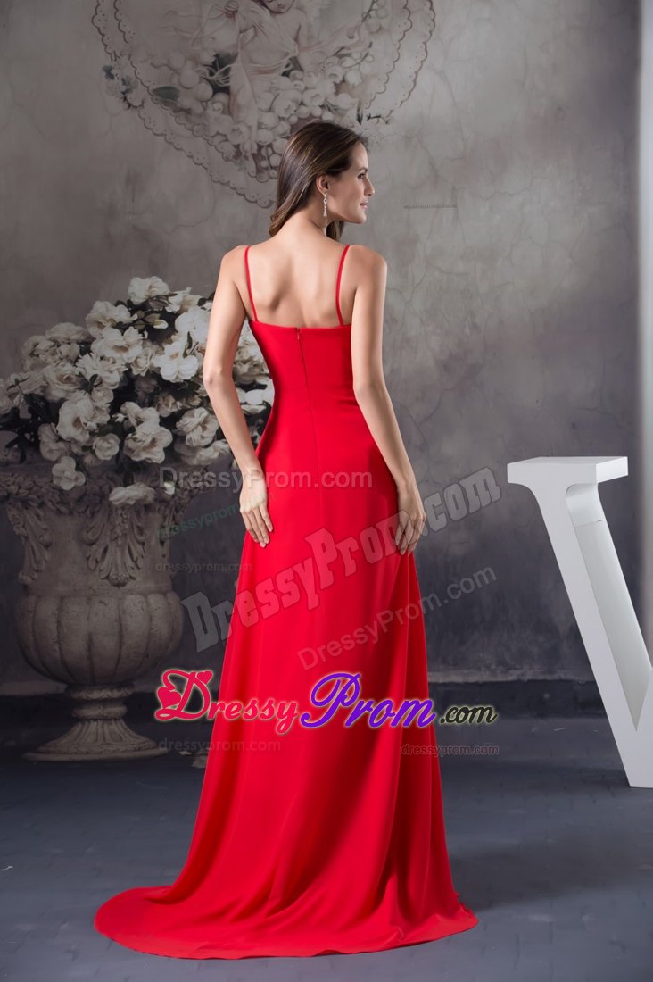 Column Sweep Red Straps Prom Dress with Beading Accent