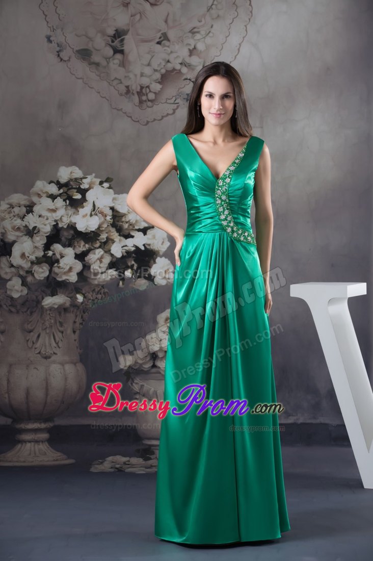 Teal V-neck Ruched Prom Dress with Beading Appliques for Party