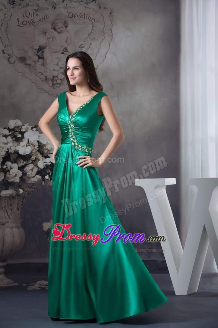 Teal V-neck Ruched Prom Dress with Beading Appliques for Party