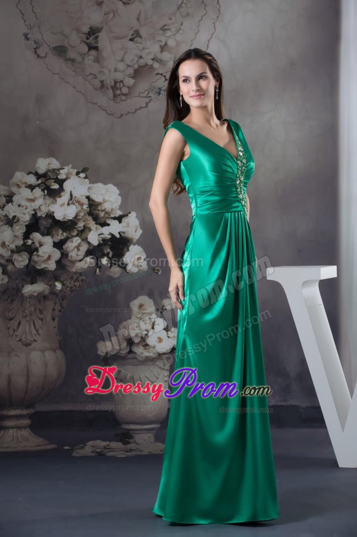 Teal V-neck Ruched Prom Dress with Beading Appliques for Party