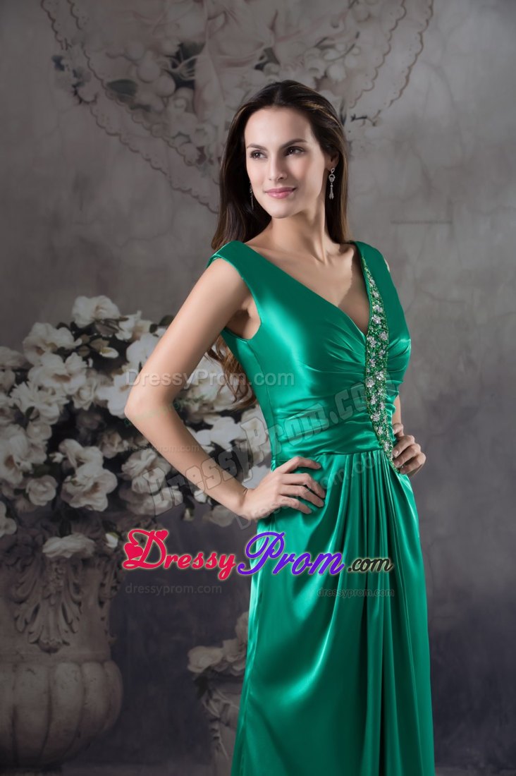 Teal V-neck Ruched Prom Dress with Beading Appliques for Party
